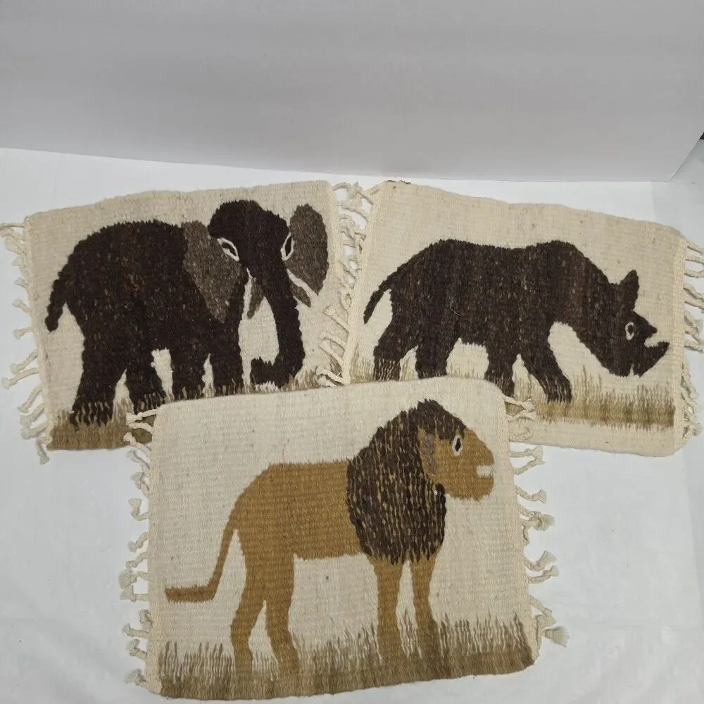 Vintage Hand Woven Wool African Wild Animals Elephant Lion Rhino Placemats